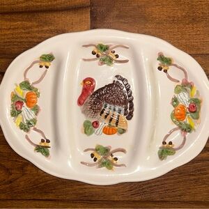 World Bazaar ~ Vtg ~Multi-Colors Ceramic Turkey 3 Sections Serving Dish Platter
